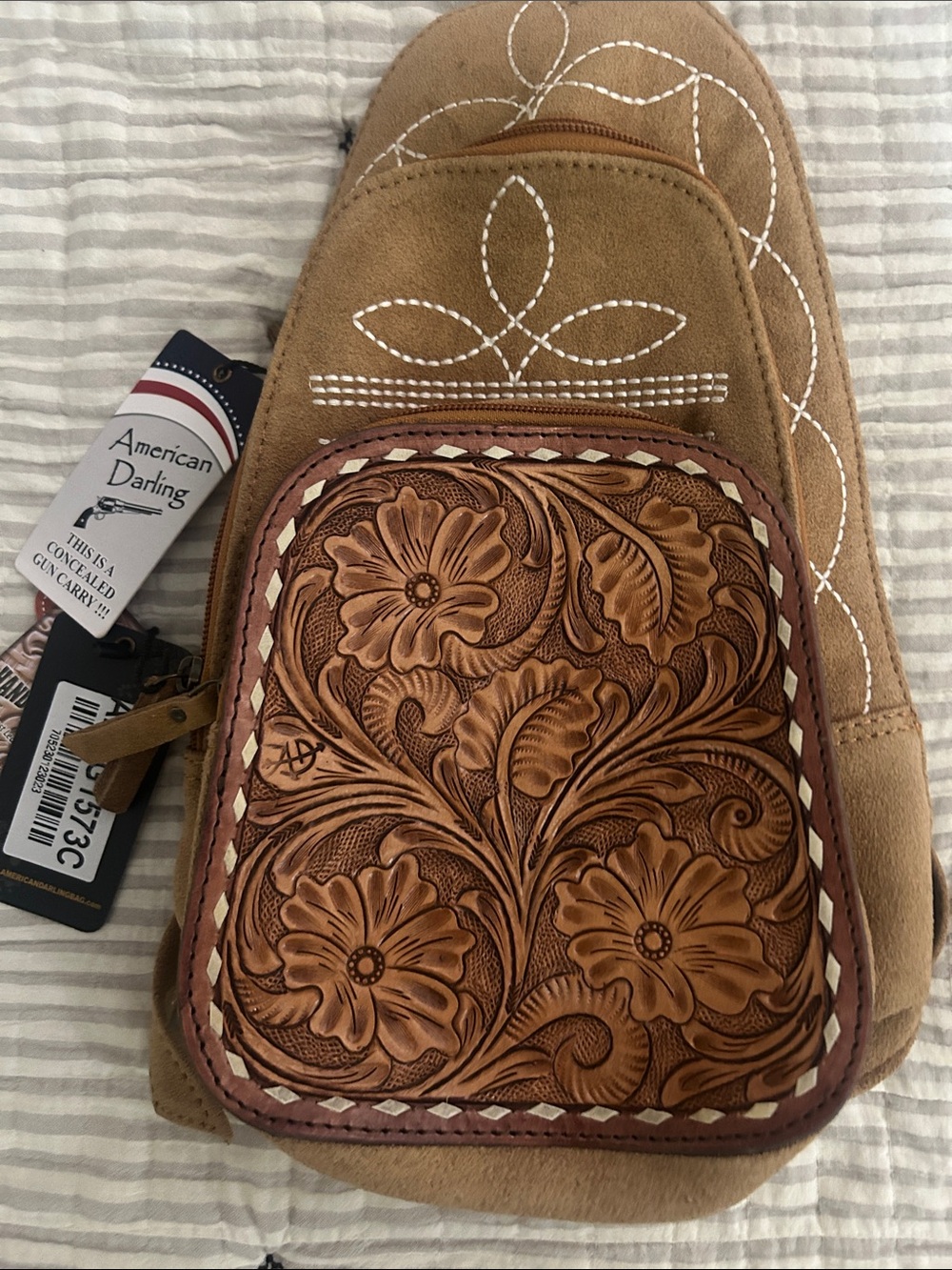 American Darling Tan Suede Crossbody Sling with Tooled Floral Leather Pocket